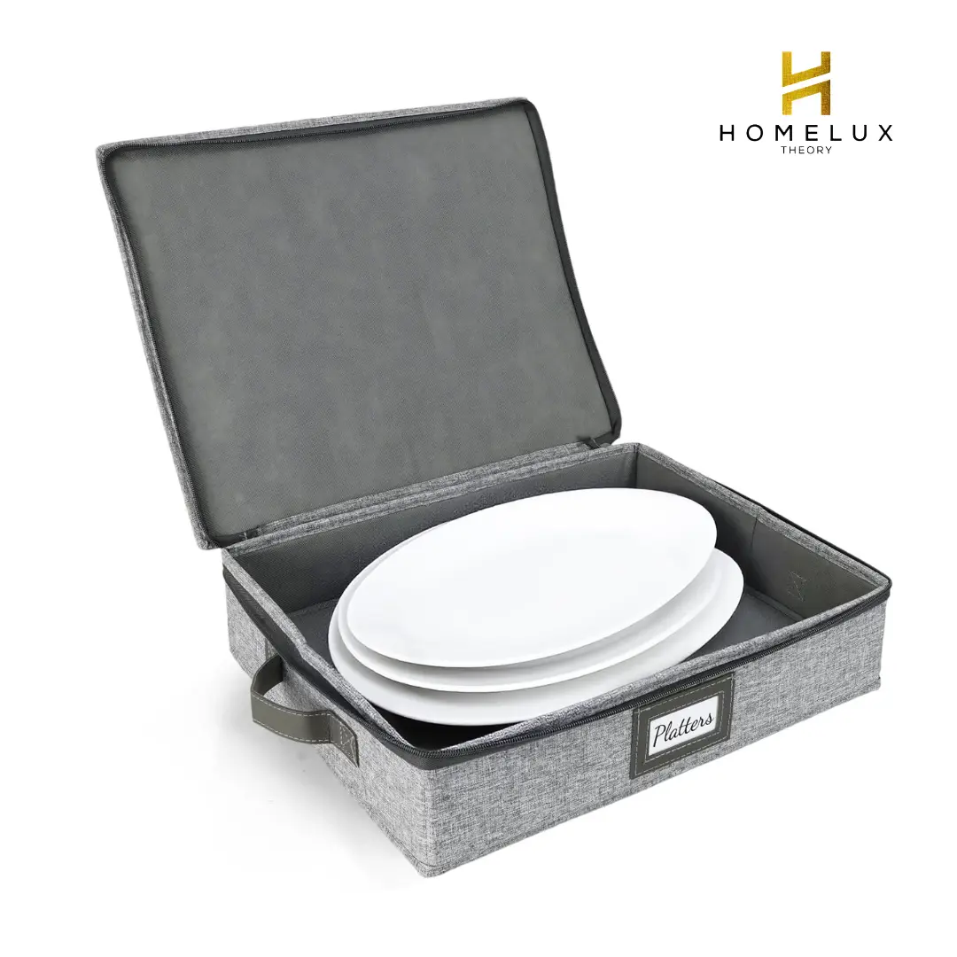 HOMELUX THEORY Ivory Hard Shell Platter Storage Organiser Boxes - Heavy-Duty Construction, 5 Felt Pads, Versatile with Lid for Packing Dishes, Dinner Plates, Moving