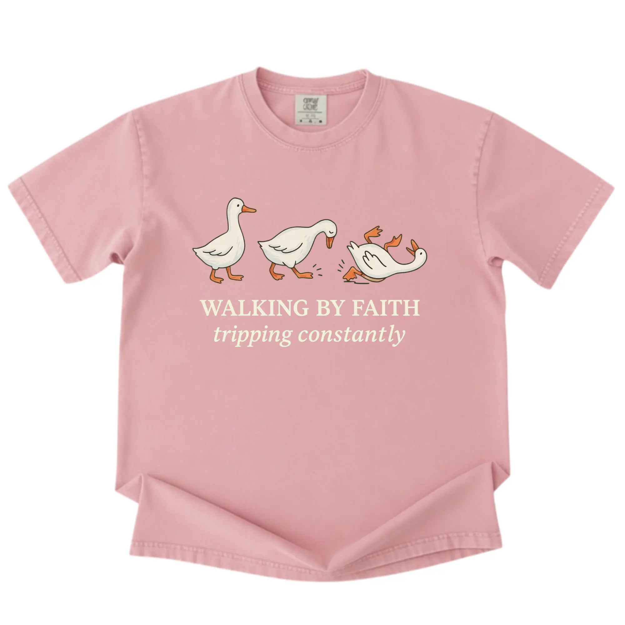 Comfort Colors Women's Short-Sleeve Round Neck Casual Streetwear T-Shirt, Funny Duck Meme, Walking By Faith Tripping Constantly Christian Tee, Shortsleeve, Print, Cotton, Breathable, Soft, Top, Comfortable, Everyday