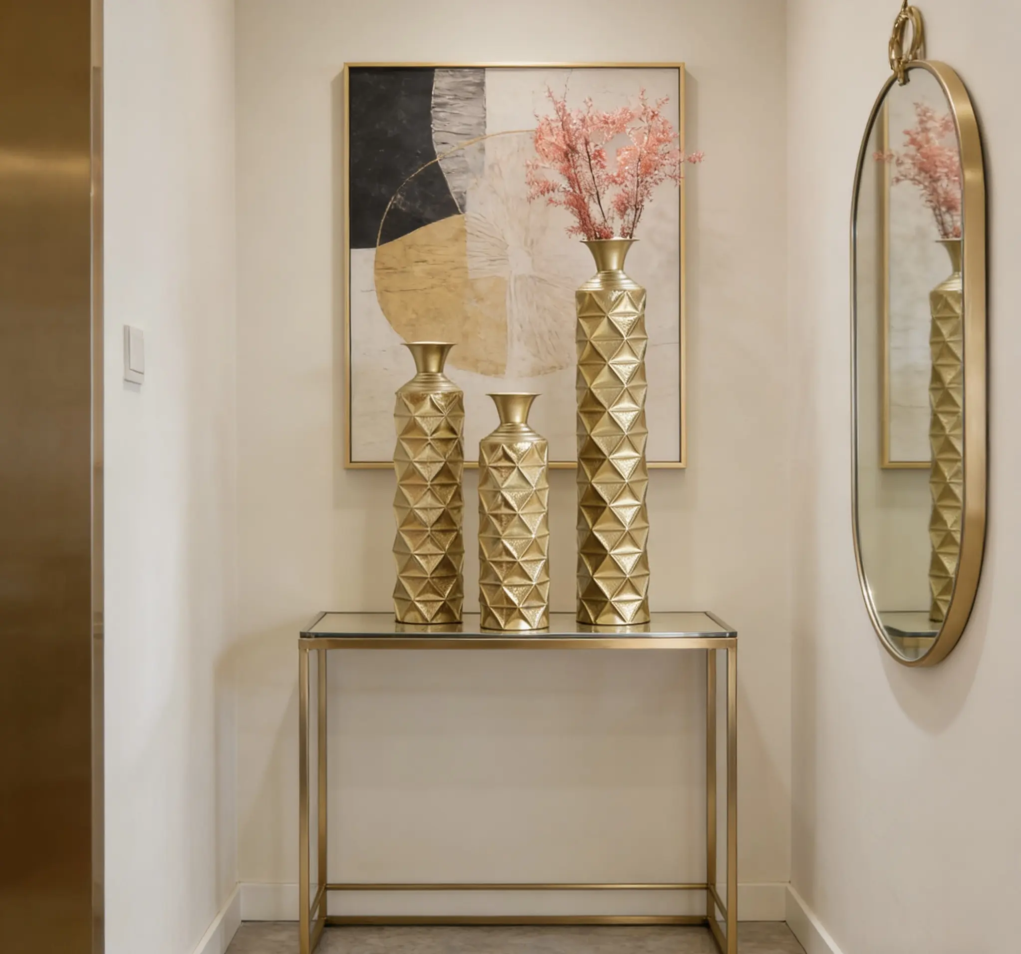 Semi-Handmade Metal Floor Vase Set of 3 Gold-Plated Geometric Diamond Pattern Vases 33.5/29.5/25.2 Inch Large Decorative Vases for Living Room Entryway Office Decor Boho Style, Home Decor Vase, Diamond Cut