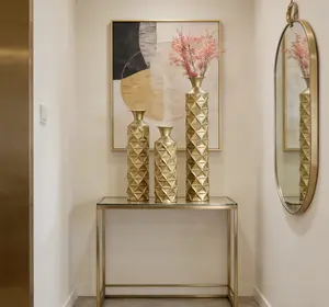 Semi-Handmade Metal Floor Vase Set of 3, Gold-Plated Geometric Diamond Pattern Vases, 33.5/29.5/25.2 Inch Large Decorative Vases for Living Room, Entryway, Office Decor (4.72in Top, 5.91in Base)