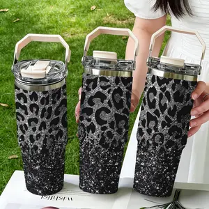 30oz Stainless Steel Handheld Mug Tumbler, Silver Leopard Dust Print Design, Dual-Layer Vacuum Insulated Cold & Hot, Portable Travel Cup Gift