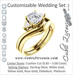 CZ Wedding Set, featuring The Sophie engagement ring (Customizable 3-stone Twisting Bypass Style with Cushion Cut Center and Triangle Accents)
