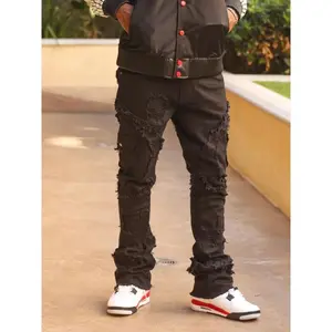 Men's Slim Fit Ripped Jeans - Black, Distressed Denim with Straight Leg, Hip Hop Streetwear Style, Cotton Blend