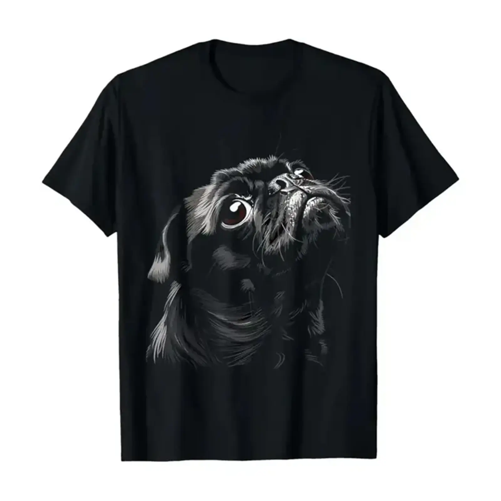 Black And White Pug Dog Art T-Shirt,Dark Pet Portrait Crew Neck Tee,Gift For Pug Owners,Premium Soft Cotton Unisex Breathable Short Sleeve Tee