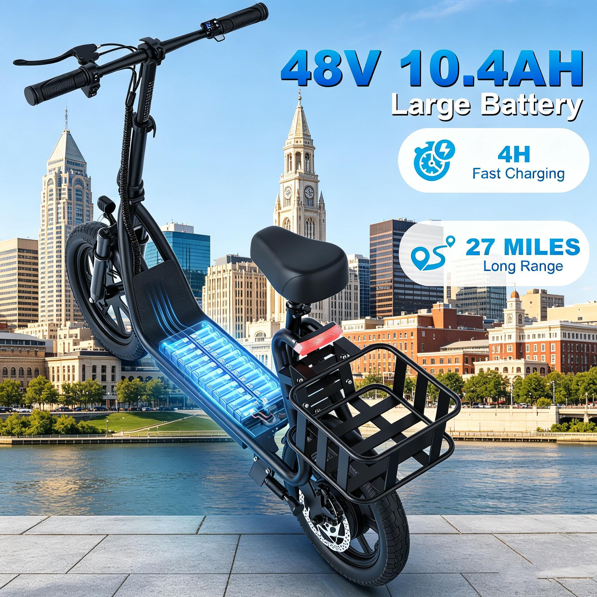 48V 10.4Ah Adult Electric Scooter with Seat, Powerful Motor, 22MPH Max Speed, 21-27 Mi Driving Range, Pet-Friendly Design, and Convenient Rear Basket,summervibes