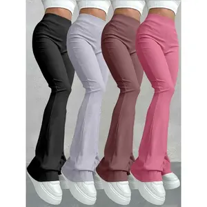 Women's Solid Ribbed Flare Leg Leggings, Casual Comfy High Stretch Bell Bottom Trousers for Yoga Gym Workout, Ladies Bottoms for All Seasons