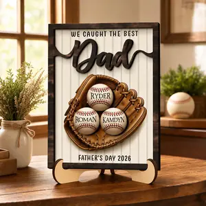 Father’s Day Baseball Plaque, Custom Wooden Frame Sign, Personalized Kids Names Baseball Decor, Gift For Dad From Children, Rustic Father’s Day Keepsake, Custom Family Home Decoration