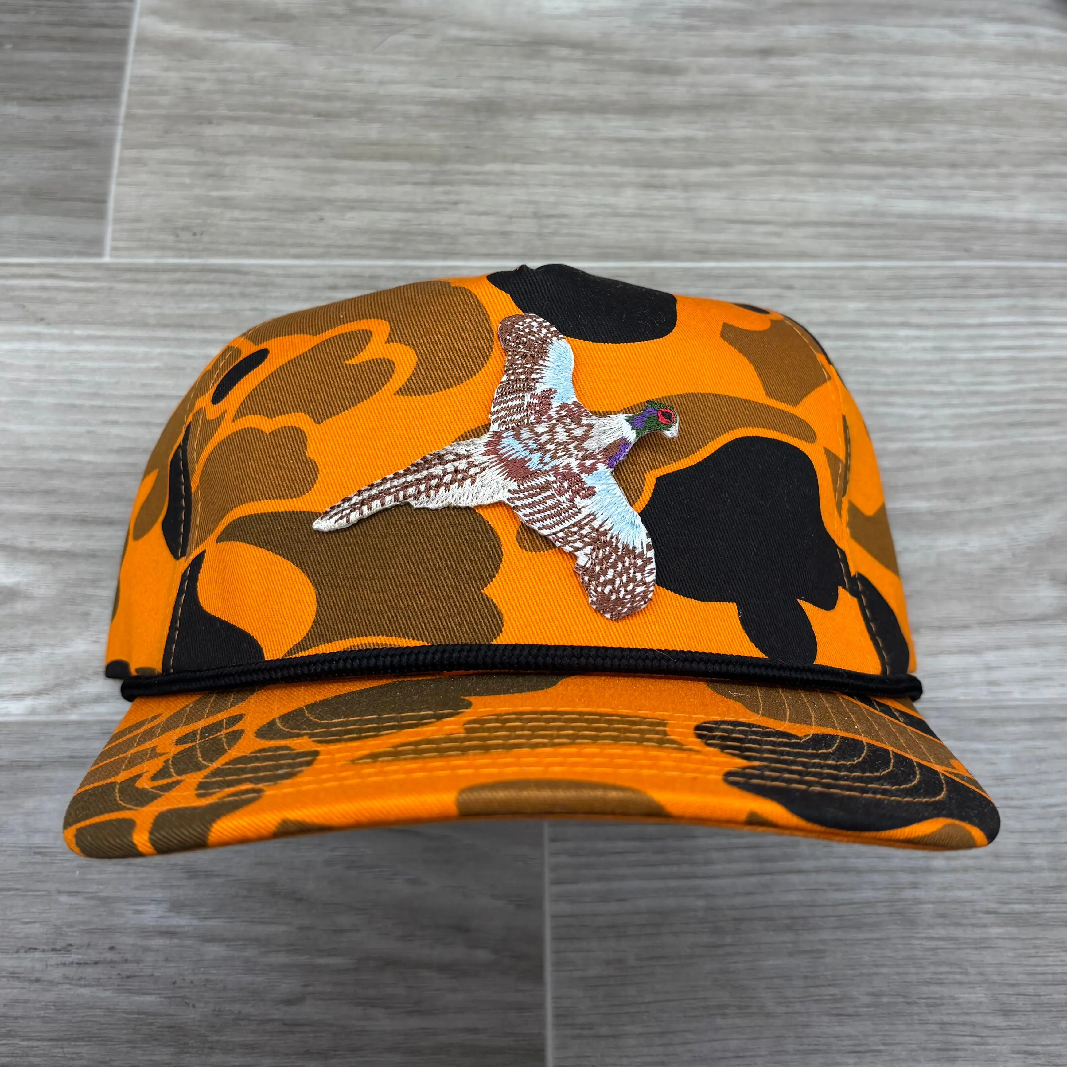 Pheasant on Hunters Orange Old School / Duck Camo Rope Hat