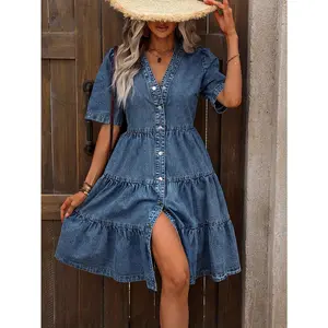 Elegant mid-length V-neck denim dress with button detail-cotton blend, machine washable-perfect for spring/summer