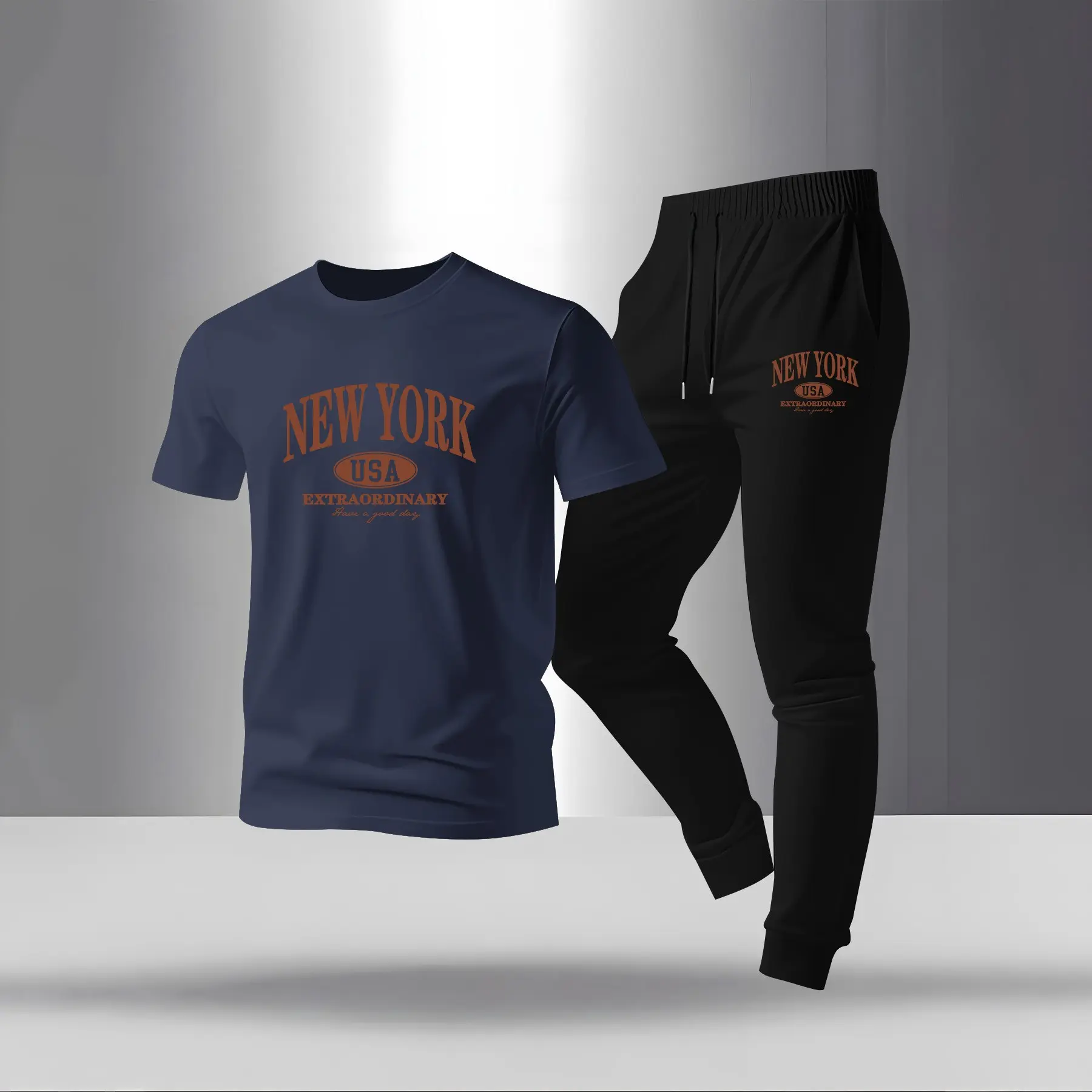 Men's New York Print T-shirt And Drawstring Belt Sweatpants Two-piece Set, Regular Fit Crew Neck Short-sleeved T-shirt And Jogging Pants, Summer Casual Top And Sweatpants