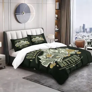 "Money Rules" Themed Bedding Set — A Fun Duvet Cover & Pillowcase Set Featuring Dollar Bill and Coin Prints; Vintage-Style Bedroom Decor, Breathable & Skin-Friendly (1 Comforter Cover + 1 or 2 Pillowcases — Fillers Not Included)