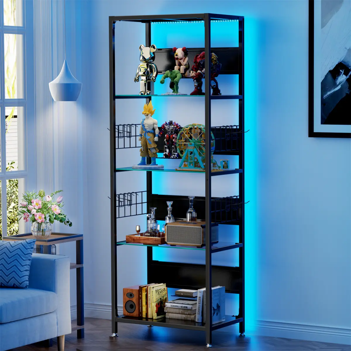 Bellemave 4-Layer Contemporary Space Saving Metal Curio Cabinet Display Stand Set - Durable Glass Shelves, 25kg Capacity, RGB LED Lighting, Adjustable Storage Box, Hanging Hooks, Artwork Racks, Setup Inspo Organizer for Gaming Room/Office