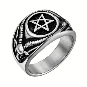 Metallic 316 Stainless Steel Men's Vintage Baphomet Ring - Intricate Goat & Pentagram Design, Uncoated Occult Symbol Jewelry for Men, Gothic Statement Ring, Fashion Accessory, Mystical Design, Metallic Look