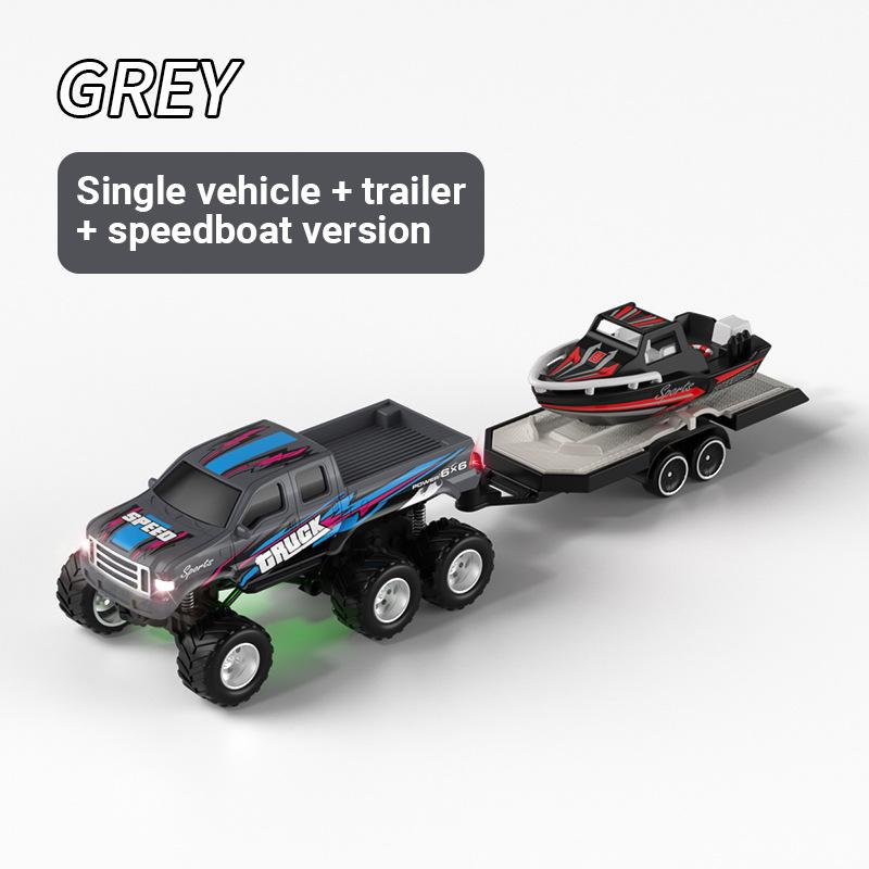 Mini Remote Control Truck with Trailer Toy Boat, 1:64 Scale Truck Remote Control Car with Lights, Speed/Steering Adjustable, Desktop Play, Easter Toy, Birthday Christmas Gifts for Kids Boys