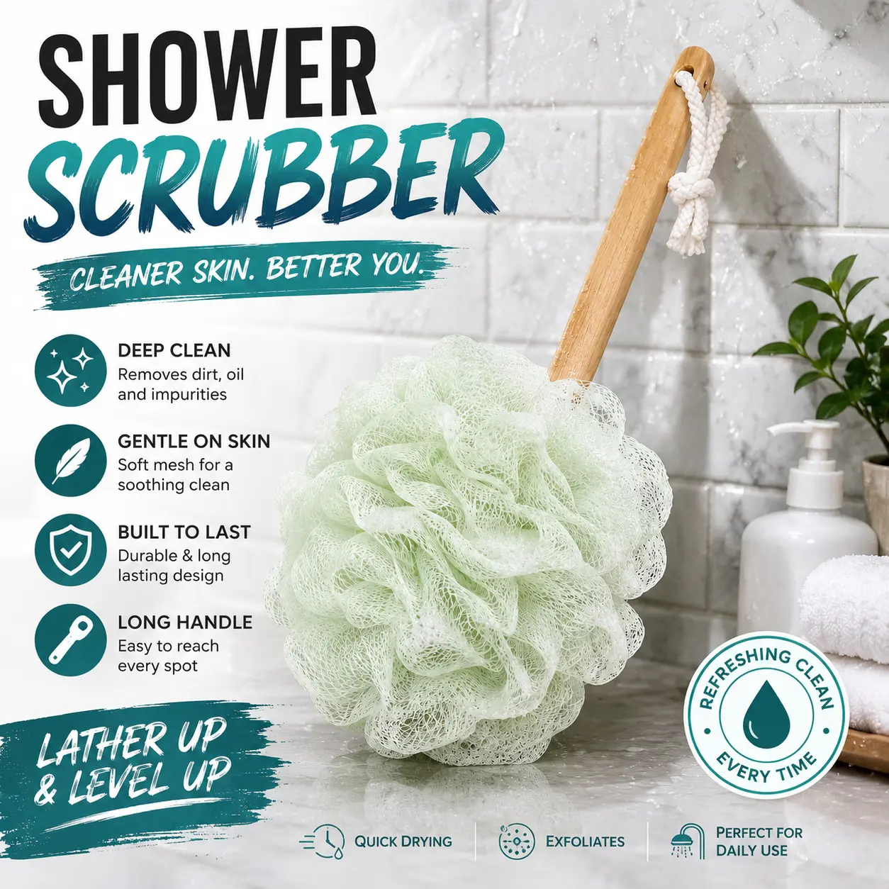Long Handle Shower Scrubber – Soft Mesh Bath Loofah for Deep Cleansing & Hard-to-Reach Areas