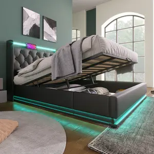 Modern King Size PU Leather Upholstered Platform Bed Frame with Led Lit Wingback Headboard, Charging Station, Lift-Up Storage, Remote Control, Heavy-Duty Wooden Slats, No Box Spring Needed, Black, Led Lit Headboard