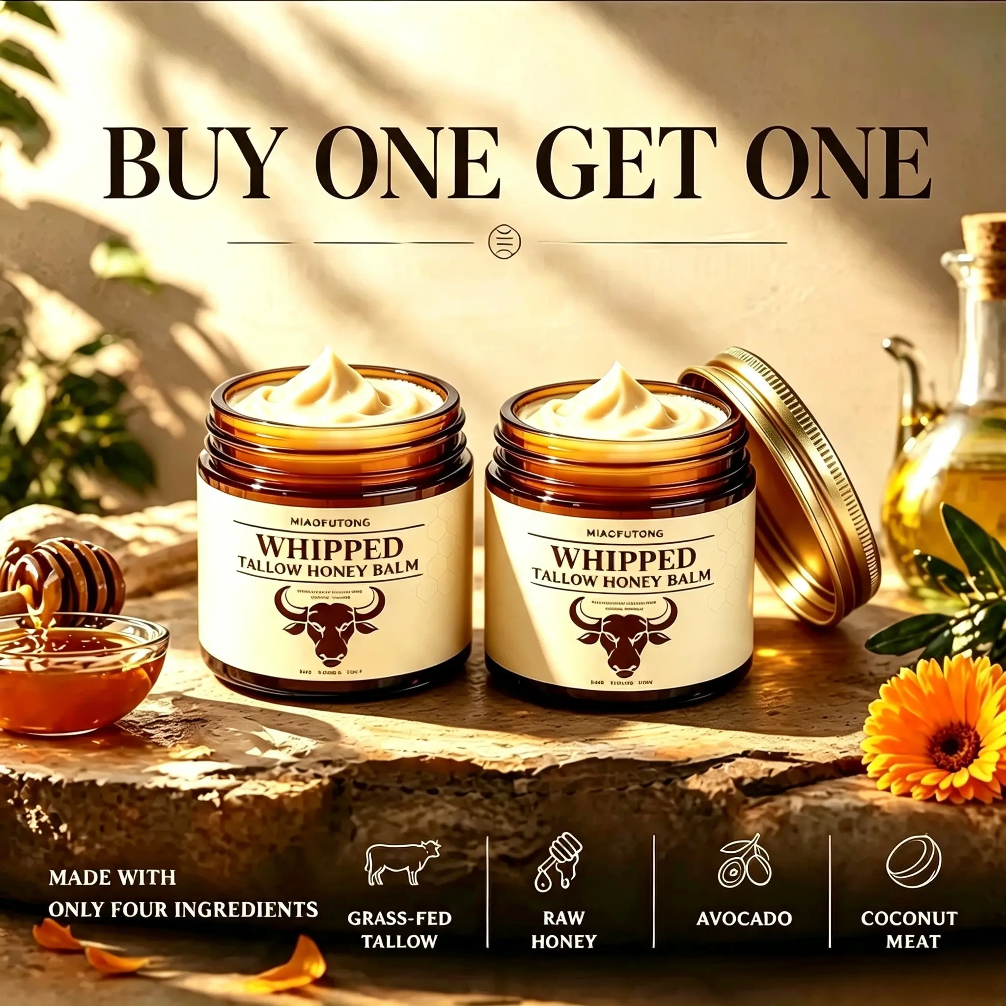 Buy One Get One Free‑4.23oz Grass‑Fed Tallow & Honey Balm, Enriched with Avocado & Coconut Meat, All‑Natural Beef Tallow Soothing Moisturizer for Face & Body