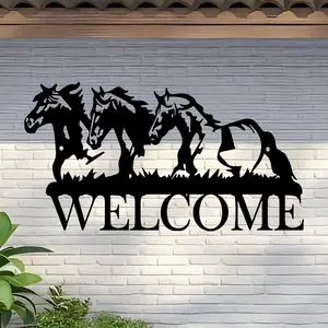1 piece of rustic three horse welcome metal logo, Wall Metal Plaque - elegant iron wall decoration for families and farmhouses, perfect for horse enthusiasts and hunting enthusiasts, perfect gift for equestrian and outdoor decoration, Home Decor