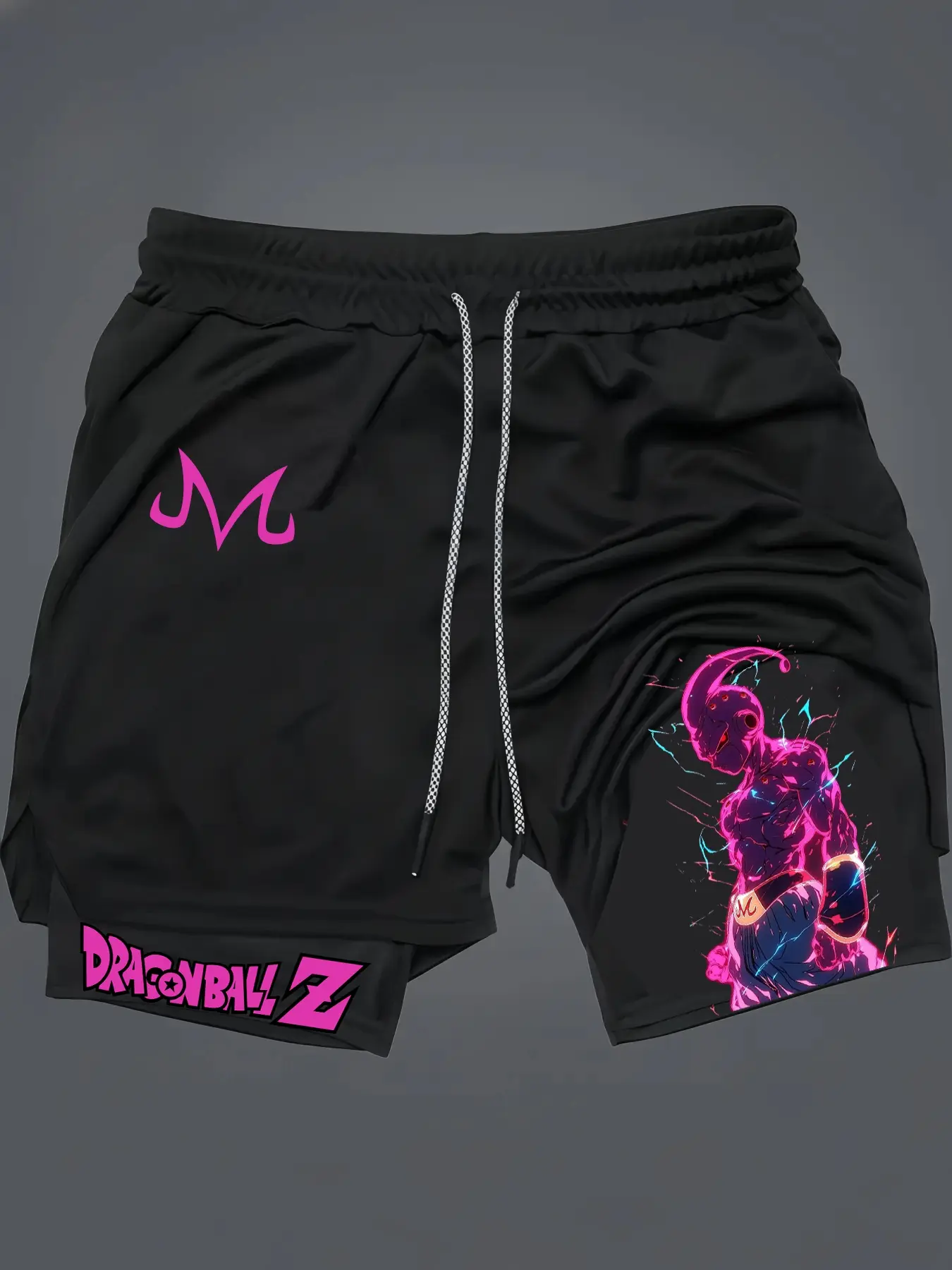 Dragon Ball Majin Buu Print 2-In-1 Drawstring Waist Shorts, Quick-Dry Swim Trunks, Loose Fit with Pockets, Lightweight Shorts, Ideal for Summer & Workout, Casual Athletic Shorts, Streetwear Sports Shorts, Athleisure Casual Shorts