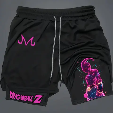Majin Buu Print 2 in 1 Drawstring Waist Shorts, Quick Dry Swim Trunks, Casual Athletic Sport Shorts for Summer Workout Activewear