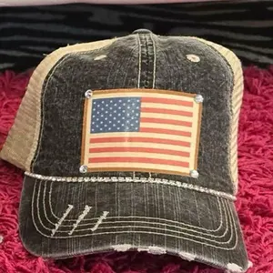 American Flag Distressed Denim Patch Bling Baseball Cap