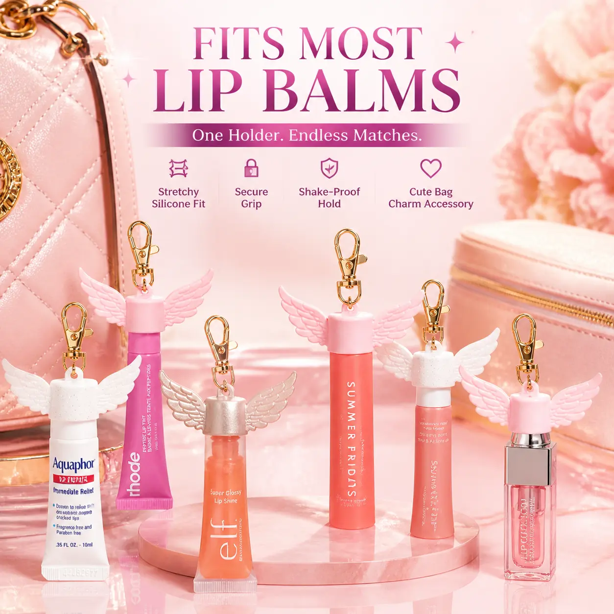 Universal Lip Gloss Keychain - Silicone Clip Fits Almost All Lip Balms, Stylish & Functional Bag Charm