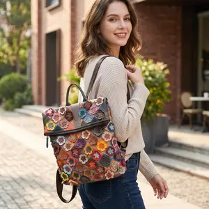 Women's Boho Floral Patchwork Backpack Faux Leather Vintage Travel Daypack