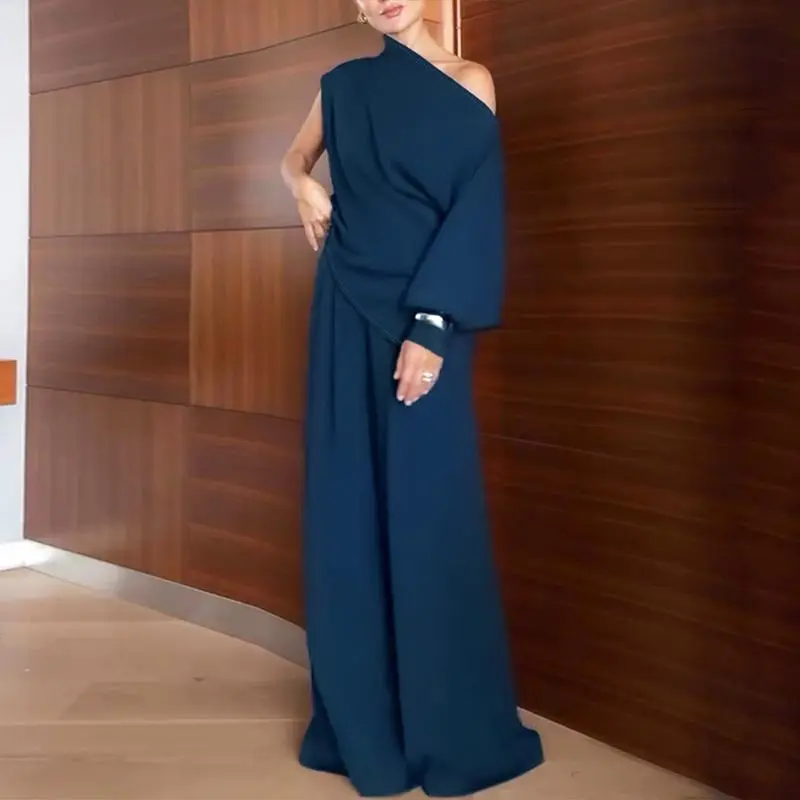 CHICME Women's 2 Pieces Outfit Skew Neck Asymmetrical Lantern Sleeve Side Slit Top and Casual Wedding Guest Button & Zipper Side Pleated Wide Leg Pants/Palazzo pants  Wedding Set