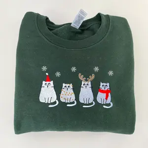 Christmas Cat Embroidered Sweatshirt, Trendy Xmas Clothing