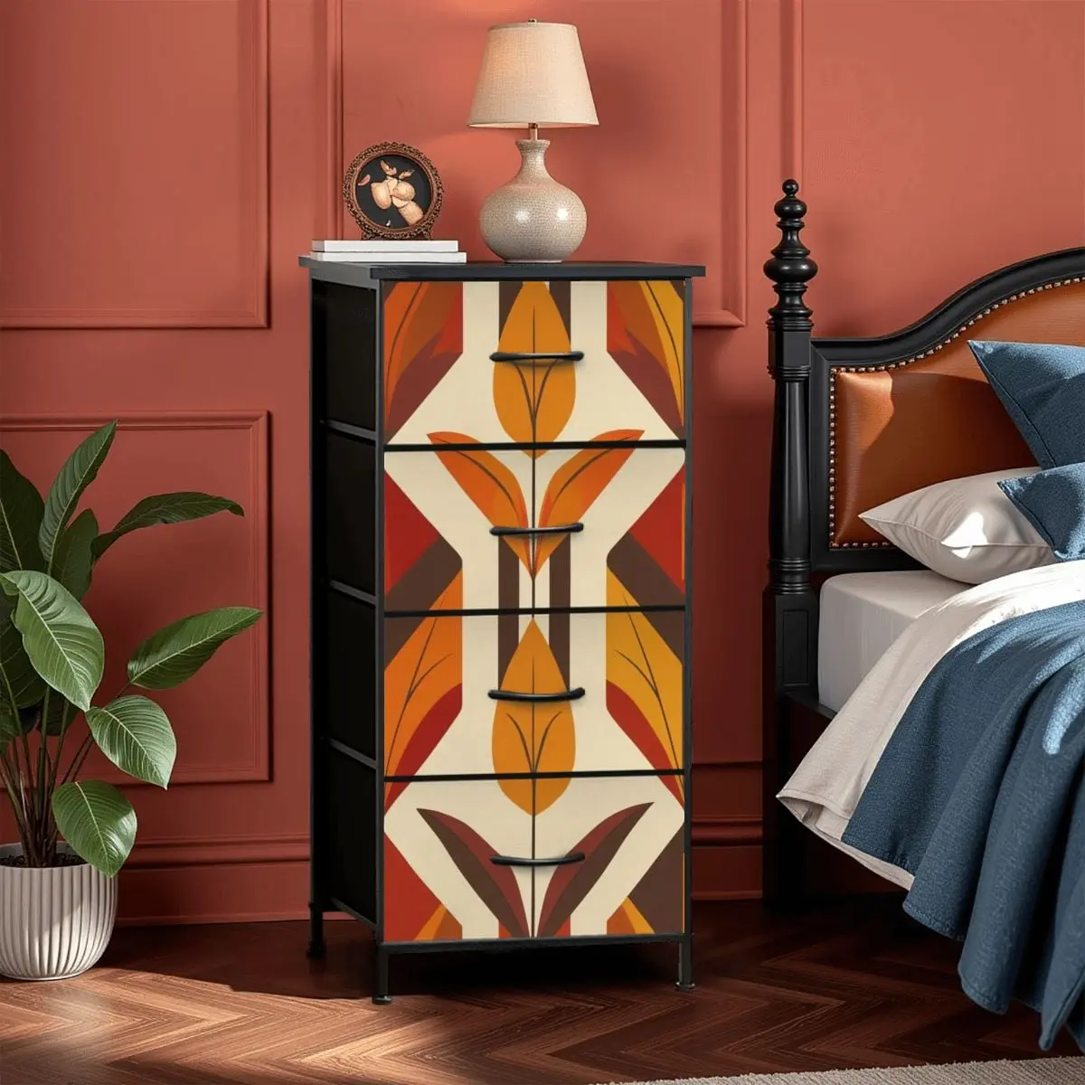 Floral Mod Scandinavian Harvest Gold, Orange Mid Century Modern 4-Drawer Dresser