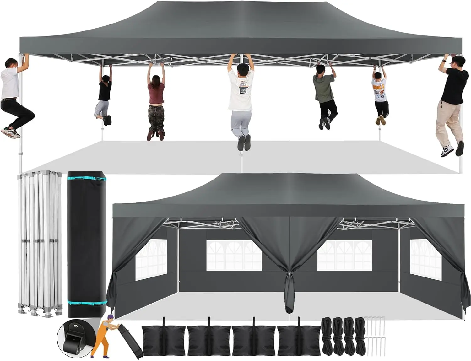 JTRSZI 13x26 Pop Up Canopy Tent,Heavy Duty Canopy(Gray with 6 Sidewalls) | Pop Up Tent Frame,UPF 50+,All Season Wind&Waterproof Gazebo,Commercial Outdoor Wedding Party Tent for Parties,with Roller Bag