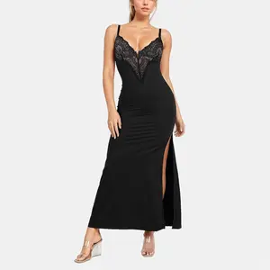 Black Lace Slip Dress Women Built In Shapewear Sexy Evening Gown S793