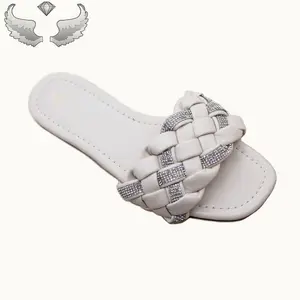 Luxury Braided Rhinestone Slide Sandals - Elegant Woven Strap with Shiny Rhinestone Accents for Everyday Wear or Special Outings