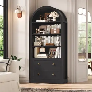70" Tall Arched Bookcase with 2 Drawers, 6-Tier Arched Cabinet with Open Display Shelves, Modern Farmhouse Bookshelf for Living Room