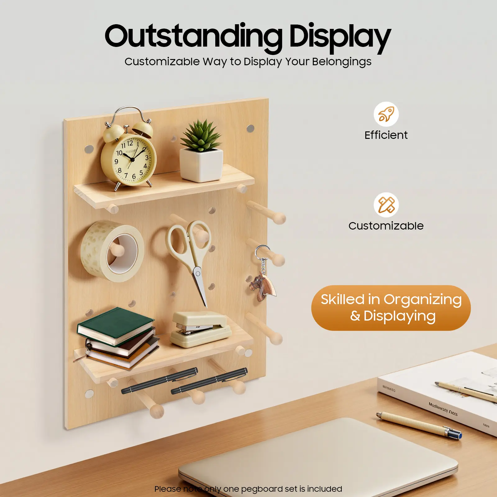 Wooden Rectangular Pegboard Combination Wall Organizer Kit, Modular Display Pegboard Panel Kits, DIY Hanging Peg Board Panel for Home Office