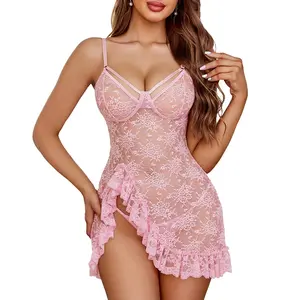 Avidlove Lingerie for Women Lace Mesh Chemise Nightgown Ruffle Hem Sleep Dress