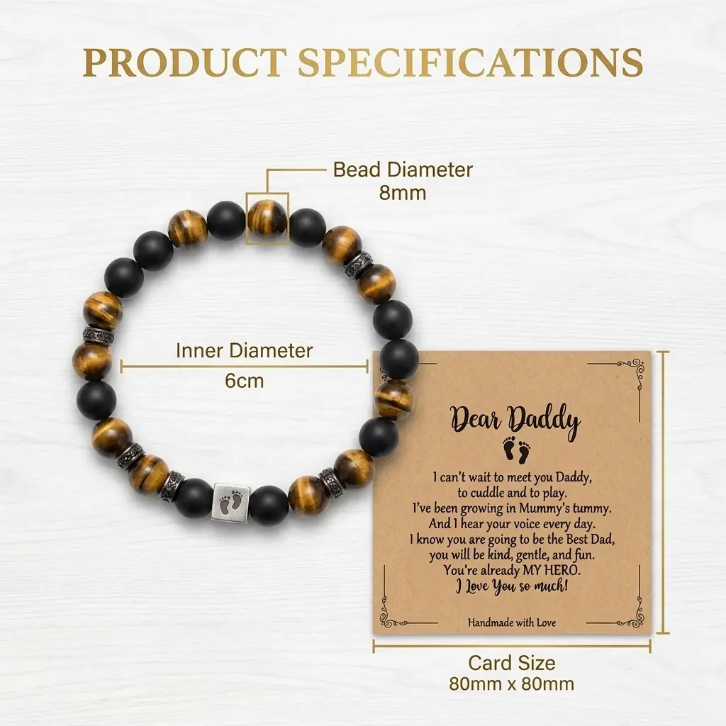 Men's Beaded Bracelet in 8mm Obsidian Stone & Tiger Eye, Handmade Keepsake with Footprint Charm for New Dads, Father's Day Gift, Pregnancy Announcements, Fathers Day, Handmade Beads, Adjustable Size Bracelets & Bangles, Adult Wrists, Alloy, Birthday, Comm