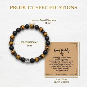 Men's 8mm Obsidian & Tiger Eye Beaded Bracelet with Footprint Charm, Handcrafted Keepsake Jewelry for New Dads, Father's Day Gift, Men's Accessories