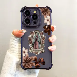 Retro Floral & Virgen Guadalupe Phone Case , Electroplated Cover with Airbag Shockproof Slim Soft TPU Cover for iPhone X XSMAX 11 12 13 14 15 16 17 Pro Max Plus Air, Christian Faith Clear Case,Religious Gift for Catholic Believers