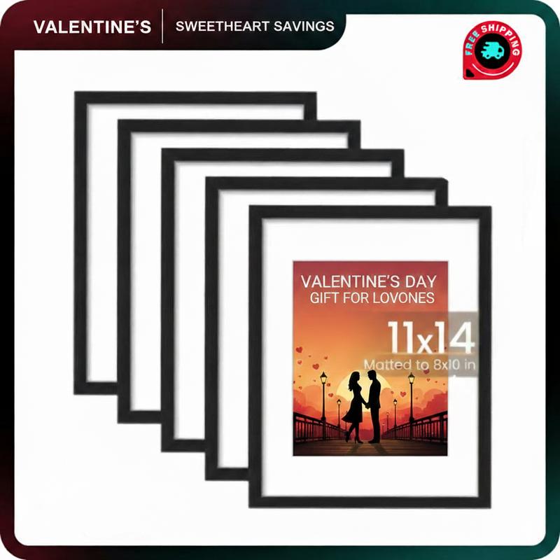Valentine's Day Gift! 11x14 Picture Frame Set of 5, Perfect for Couples & Families, Display Pictures 8x10 with Mat or 11x14 Without Mat, Wall Gallery Photo Frames, Black Decor Plastic Light