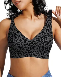 Popilush Women's Wireless Jelly Bra, Leopard Print Seamless No Underwire Push Up Minimizer, Cool Touch Breathable Soft Smooth Deep V Comfort Bralette with Adjustable Straps