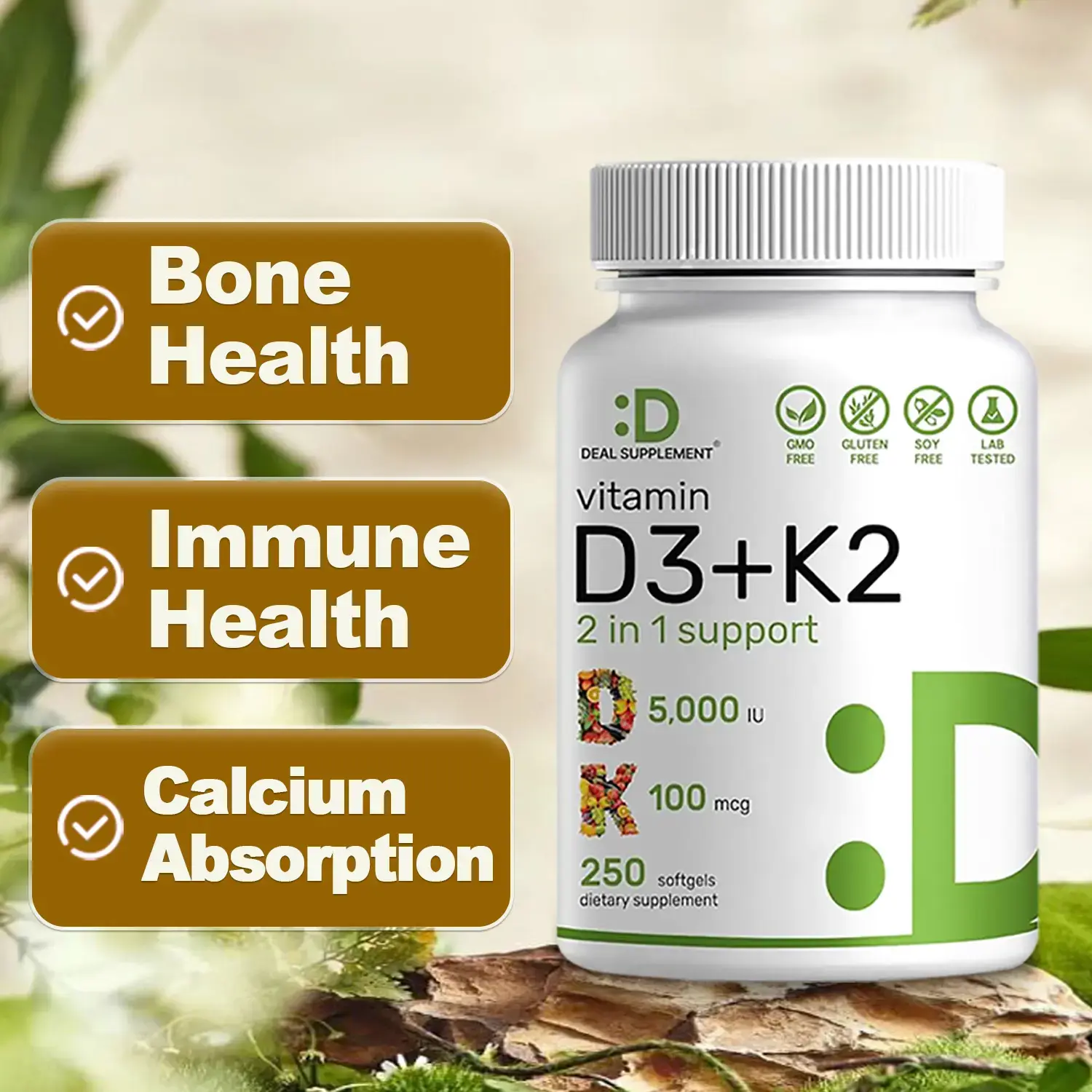 Deal Supplement Vitamin D3 & K2 250 Veggie Softgels 5000 IU D3 & 100 mcg K2 for Bone Immune Health & Calcium Absorption Gluten-Free Dairy-Free - Nutrient Rich Complex