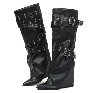 CELNEPHO Knee High Slouchy Boots for Women Pointed Toe Wedge Heel Adjustable Buckle Fold Over Design Easy Pull on Gift Everyday Wear Dress Shoes