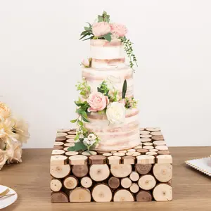 Wooden Cake Stand Square Design 14"x14" Natural Rustic Slices - Farmhouse Display Riser with Hollow Bottom