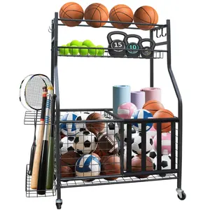 Garage Sports Equipment Organizer, Large Capacity Rolling Ball Storage Rack with Basket and Hooks, Lockable Design for Indoor & Outdoor Use, Garage, Gym, and School