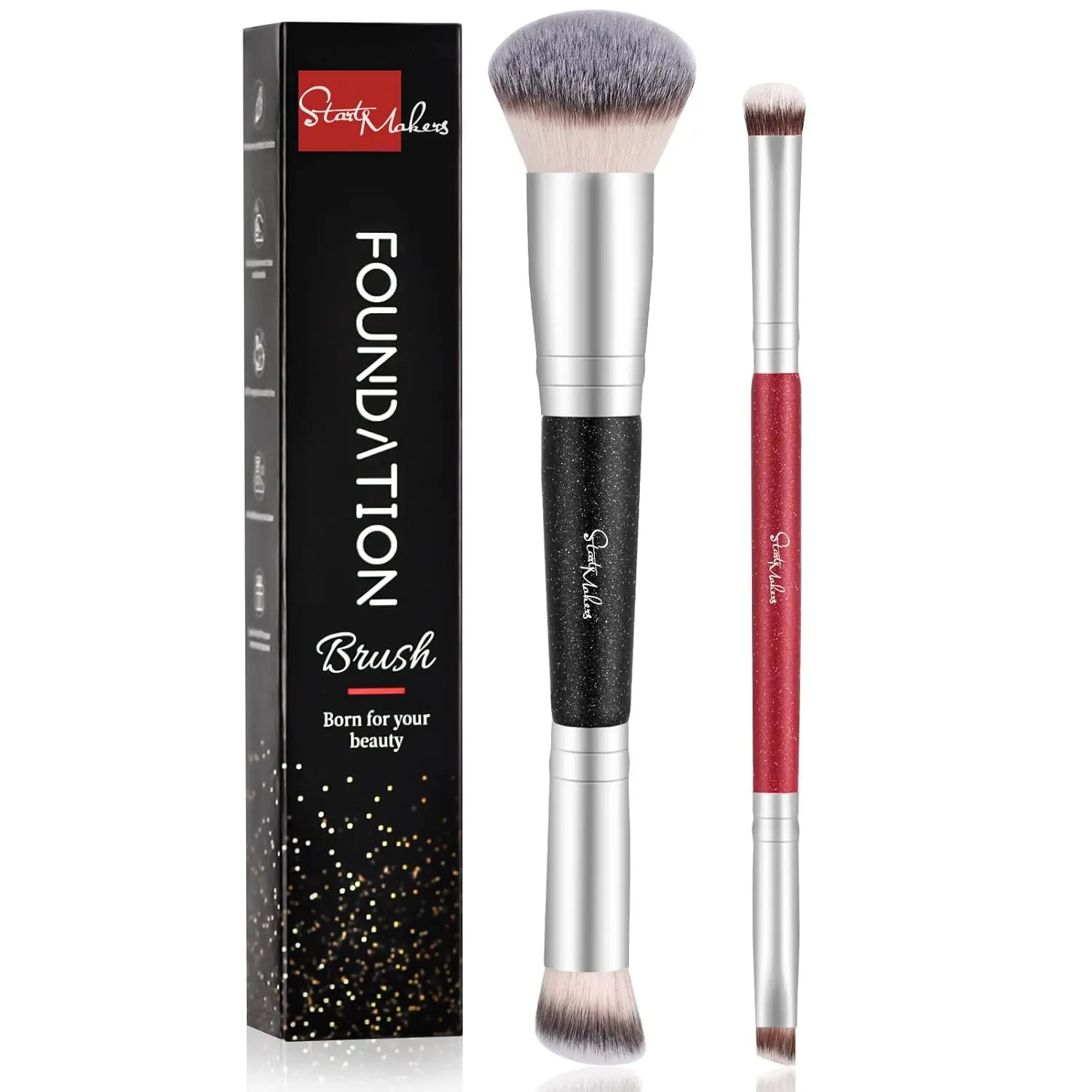 2-in-1 Makeup Brushes Dual-ended Contouring Foundation Brush 2 Pack Concealer Brush Face Eyebrow Eyeshadow Brush for Liquid, Powder, Buffing, Blending (White)