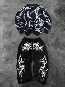 Men's Fashion Casual Two-Piece Set, Soft Comfortable Round Neck Sweater and Drawstring Wide Leg Pants, Spring Fall Winter Home Wear