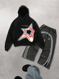 Men's Star Print Hoodie & Sweatpants Set, Regular Fit Casual Fashion Cozy Breathable Two-piece for Daily Outdoor Wear, Men Clothes for Summer, Cotton
