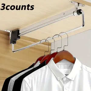 PLL Retractable Clothes Rail, 3 Counts Stainless Steel Pull Out Clothes Hanger Rail, Clothes Hanger Rail for Home Closet, Home Organizer, Hanging Wooden