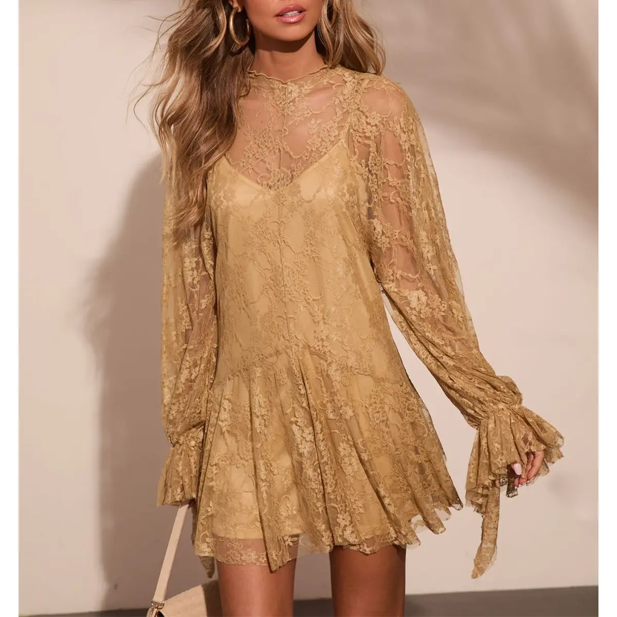 Chicovar Women's Lace Mini Dress Long Sleeve Floral Lace A Line Dress, Romantic Sheer Sleeve Babydoll Dress with Ruffle Cuffs for Date Night, Party, Wedding Guest & Holiday Outfits